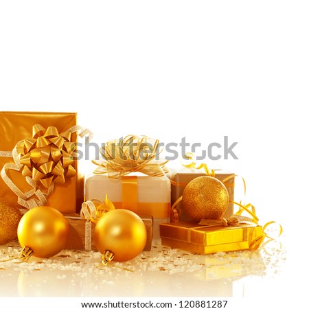 Image of different Christmas presents isolated on white background, luxury golden gift boxes with decorative bubbles, New Year surprise, festive border, holiday greeting card, Christmastime concept