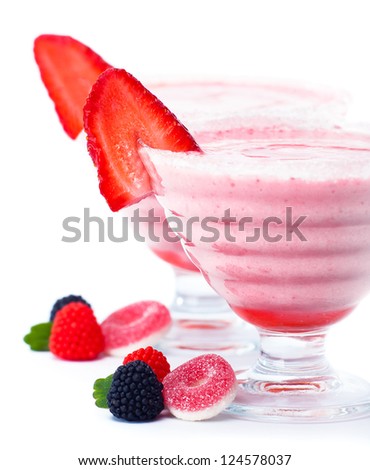 Fresh strawberry cocktail, organic seasonal natural healthy milkshake, berry juice isolated on white background, closeup on frozen yogurt in glass cup, healthy food and beverage