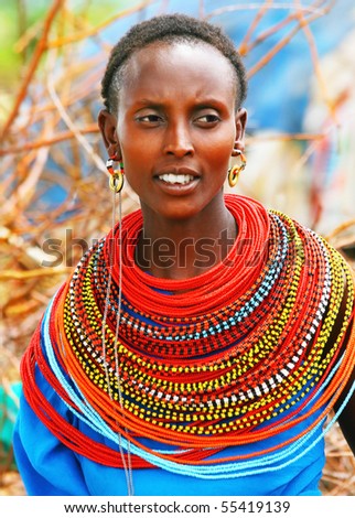 AFRICA,KENYA,SUMBURU,NOVEMBER 8: Portrait of Sumburu  woman wearing traditional handmade accessories,  review of daily life of local people, near Sumburu Park National Reserve, November 8, 2008, Kenya