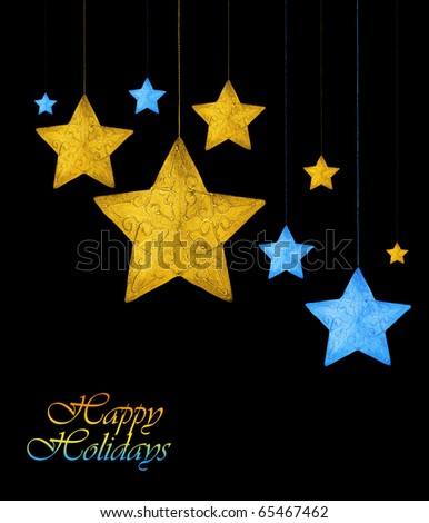Holiday card border with Christmas tree star ornamental decoration isolated on black background
