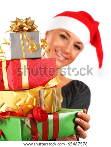 stock photo : Santa Claus girl with colorful holiday presents & gift boxes as Christmas & new year ornament decoration isolated on white background