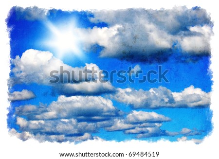 Grunge sky background with old texture & bright sun