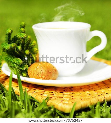 Morning beverage, tea or coffee with french crouton over fresh green grass