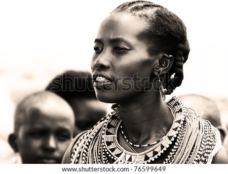 KENYA, AFRICA - NOVEMBER 8: Portrait of Samburu woman wearing traditional handmade accessories, review of daily life of local people, near Samburu Park National Reserve on November 8, 2008 in Kenya, Africa