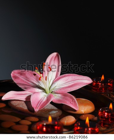 Zen atmosphere at spa salon, warm candles light at dark room, the spa stones in water with fresh pink lily, relaxation, meditation and beauty concept