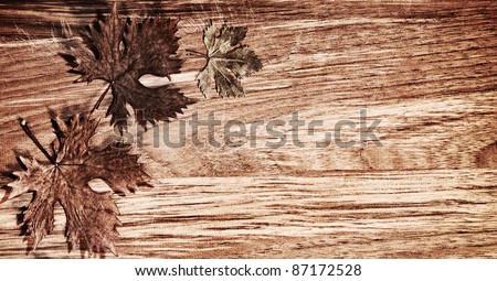 Autumn leaves border over natural wood background, old dry leaf shape, nature at fall