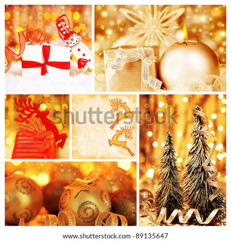 Golden collage of Christmas tree decorations, diversity of gold ornaments, winter holiday gifts and presents, bokeh shining backgrounds