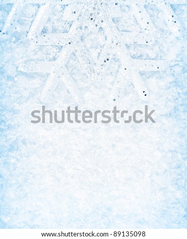Christmas background, snowflake border, cold white blue snow pattern, winter holidays greeting card