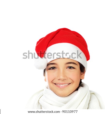 stock photo Happy Santa boy smiling portrait of a cute teen face isolated