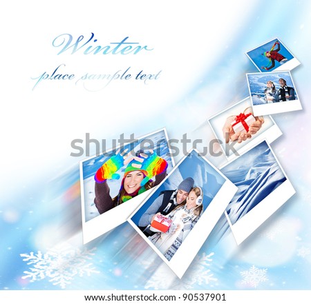 Flying collage, winter photo border, abstract snowflake decoration with set of many concept pictures, blue ornamental design with white copy space, holidays and happy people fun outdoor images