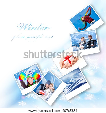 Winter photo collage border, abstract snowflake decoration with set of many concept pictures, blue ornamental design with white text space, holidays and happy people fun outdoor images