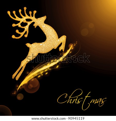 Christmas tree green border with big golden Santa\'s reindeer toy, hanging bauble,traditional ornament and decoration for winter holidays, isolated on white background, decorating home at Christmastime