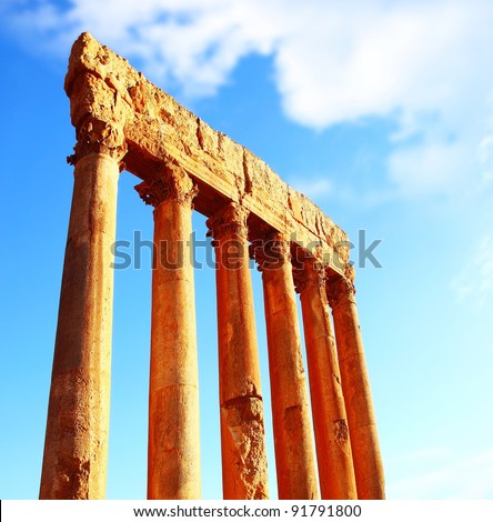 Jupiter\'s temple ancient Roman columns over blue sky, Baalbek, Lebanon
