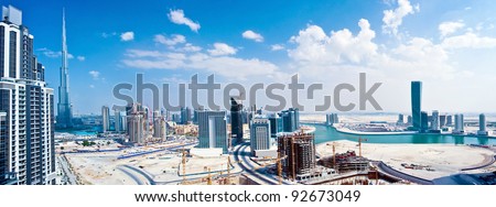 Panoramic image of Dubai city,  modern cityscape, downtown with blue sky, luxury new high-tech city at Middle East, United Arab Emirates