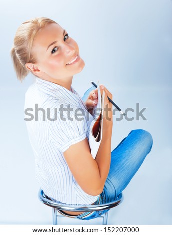 Student girl sitting and passing exam, isolated on white background, high school, learning lesson, education and goal concept