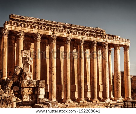 Jupiter\'s temple ancient Roman columns, Baalbek, Lebanon, aged arabic castle, world famous landmark, historical monument, travel concept
