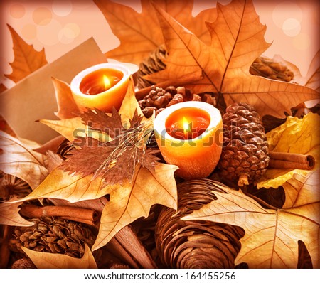 Beautiful still life for Thanksgiving day holiday, abstract natural background, greeting card, dry leaves, fir cones, two candles, happy celebration concept