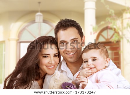New Family House, Successful Young Parents With Little Baby Having Fun In Country House, Young Cheerful Owner Of Real Estate, Happy Lifestyle Concept