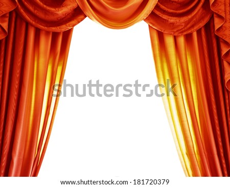 Luxury orange curtains isolated on white background, abstract border, open curtain on the theater, theatrical performance concept