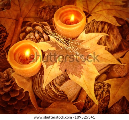 Thanksgiving day decoration, beautiful natural decor for autumnal holiday, old dry maple leaves, pine cones, warm candle light