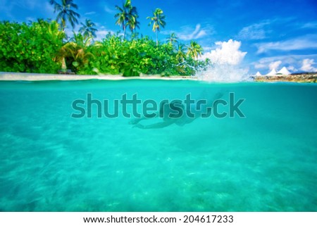 Young active woman diving near Maldives island, enjoying marine life, swimming with pleasure in the Indian sea, summer vacation concept