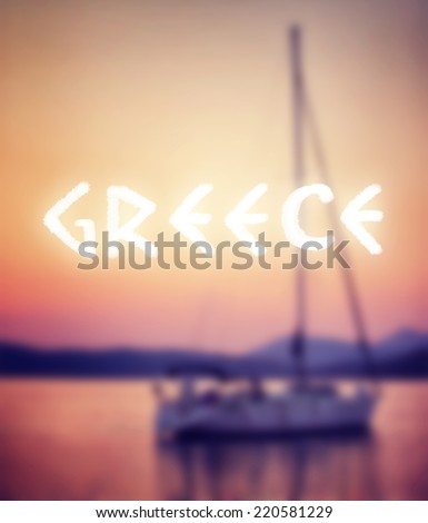 Soft focus of luxury sailboat floating in the sea in purple and pink sunset light, text space, romantic summer vacation in Greece