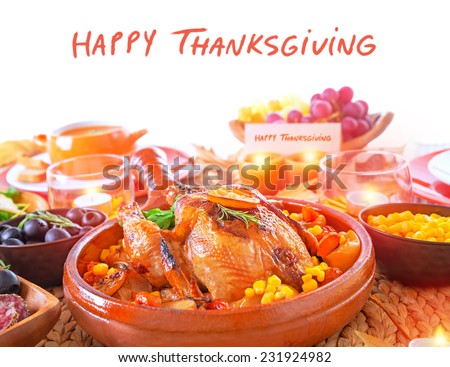 Happy Thanksgiving day, festive table setting with text space, tasty oven baked turkey and vegetables for holiday dinner, decorated with nice little candle