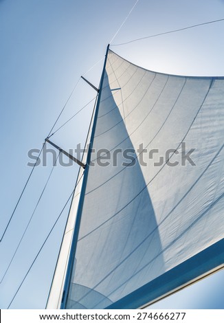 Sail on sky background, part of luxury water transport, summer adventure on sailboat, freedom and active lifestyle concept