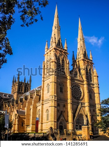 Sydney-December 28 : St.Mary\'S Cathedral Church With Blue Sky In Sydney ,Australia On 28 December 2011.St.Mary Cathedral Church Is The Biggest Church In Sydney.