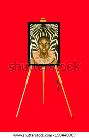 Oil painting of a woman and zebra on the tripod paint.