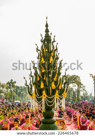 NAKHON PHANOM ,THAILAND-OCTOBER 8: Buddhism offering flower decorated to worship Pratat Pranom pagoda on 8 October 2014 at Nakhon Pranom ,Thailand.Pratat Pranom pagoda is very important for buddhism.