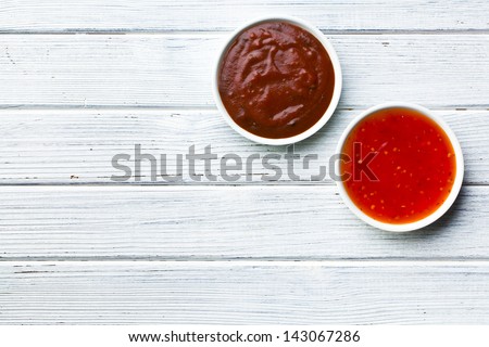 The Various Barbecue Sauces In Ceramic Bowls