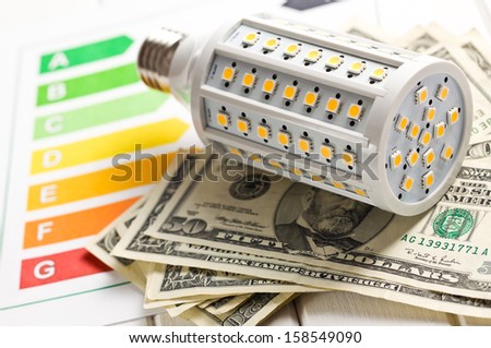 LED lightbulb with energy label and us dollars on wooden background