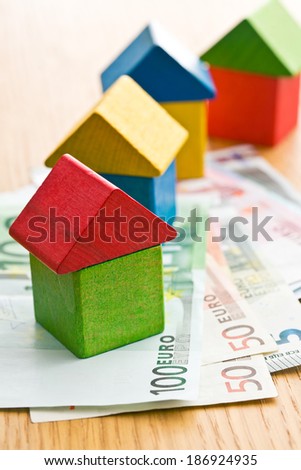 the house made from wooden toy blocks with euro money