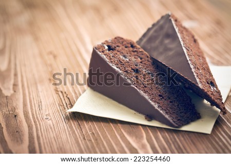 portion of sacher cake on wooden table