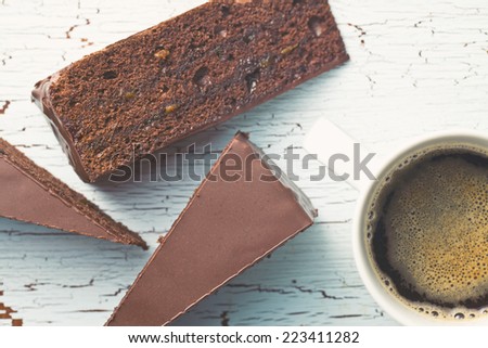 top view of sacher cake and coffee