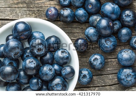 Tasty blueberries fruit in bowl. Blueberries are antioxidant organic superfood. Top view.
