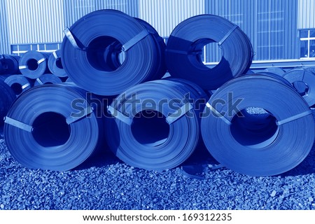 Many volumes of hot rolled strip in the factory together