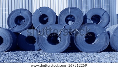 Many of the hot rolled strip steel stacked in the factory