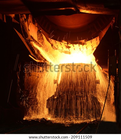 Dumping of close-up shot of the molten steel in steel furnace in the factory