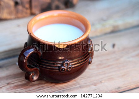 old broken ceramic mug with milk cost on a wooden table