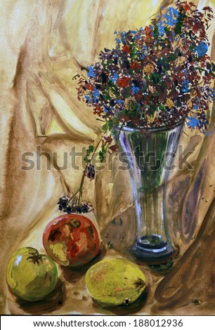 drawing on paper bouquet of flowers in a glass vase and fruit