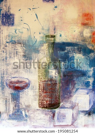 open bottle of wine and a glass goblet on abstract background with cubes and spray