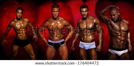 Group Of Muscular Young Sexy Wet Naked Handsome Man Posing. Valentine\'S Day.