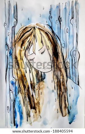 abstract drawing girl in the rain