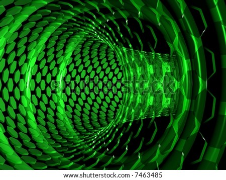 stock photo : Pipe of polygons in black space. Green abstract background.