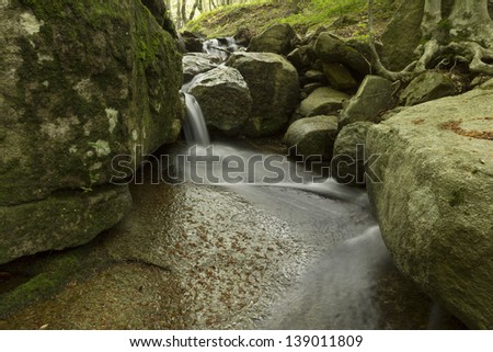 Forest river with a waterfall rocks