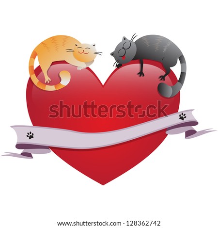 Illustration Of Two Cats Sleeping On A Heart (With Path)