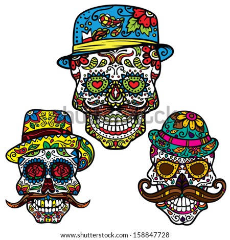 Day of the dead vector illustration set Hipster Sugar Skulls Day of the dead vector illustration set Hipster Sugar Skulls