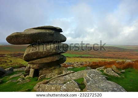 The Cheesewring, Bodmin Moor Cornwall UK, this granite tor is a natural weathered formation and is about 7 metres high, November 2014
